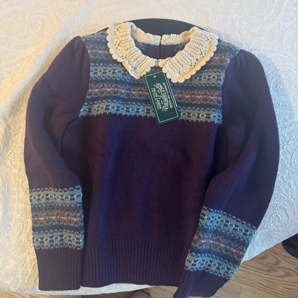 Ralph Lauren Fair Isle Wool-Blend Sweater Little Girl Purple Multi Button Back